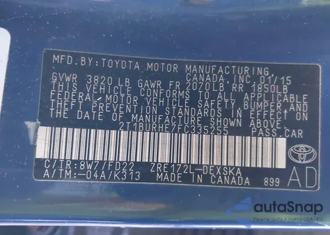 2015 Toyota Corolla S Plus from USA, damaged, VIN 2T1BURHE7FC335255